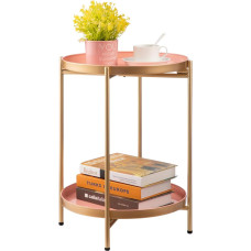 HollyHOME 2 Tier Round Gold Small Folding Side Table with Removable Tray Rustproof Metal Asion Table for Balcony Patio Living Room Bedside Table for Bedroom
