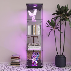 Glass Display Cabinet with LED and Mirror, Freestanding Glass Display Case with 1 Door, 4 Shelves, Transparent Furniture Display Case, Glass Collector's Display Case Living Room (4 Levels, 1 Door LED
