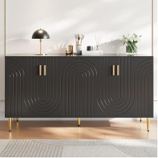 BTM Black Sideboard (152 x 40 x 75 cm) with Unique Wave Design and Gold Handles and Feet that creates an elegant dining area