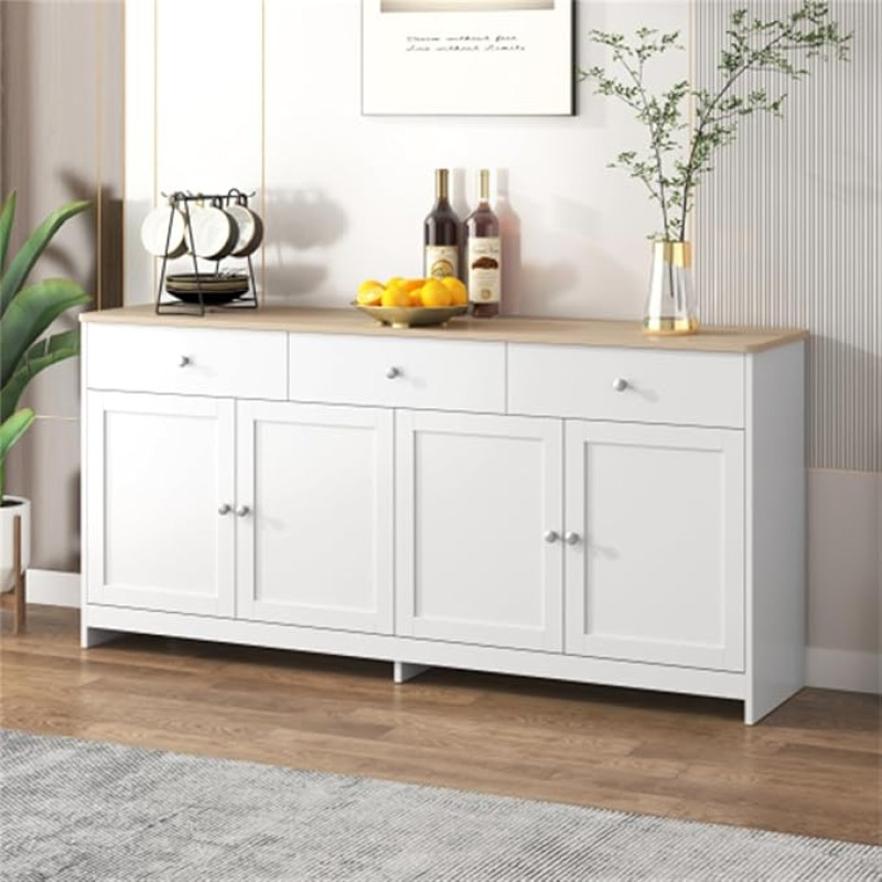 Wood Grain Sideboard Four Doors Three Drawers Suitable for Living Room Dining Room Solid Wood and White (160 x 37 x 75 cm)