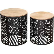 Set of 2 Side Tables Black Metal Wood Round Coffee Table Industrial Sofa Table Shelf Design Decorative Table