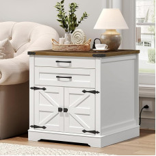 RALGEND Farmhouse Beistelltisch mit Ladestation, 61 cm, Sofa-Beistelltisch mit 2 Schubladen und Scheunentür, großer, rustikaler quadratischer Nachttisch aus Holz für Schlafzimmer, Wohnzimmer, Weiß und