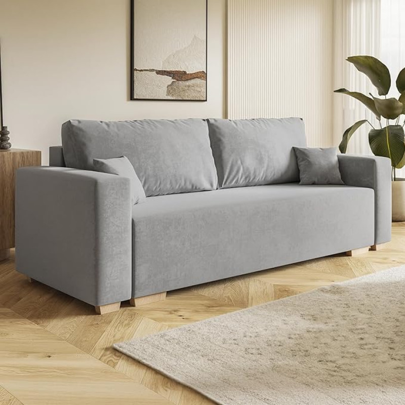 MOTIVENA Viego Sofa Set, 3-Seater Sofa with Bed Function, Sofa Bed 215 cm Wide, Folding Sofa with Sleep Function, Sofa Bed with Sleep Function, Pocket Spring (H3), Velvet Sofa Grey (Light Grey)