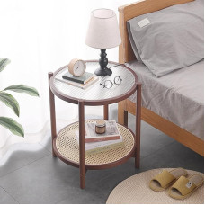Tiita Rattan Coffee Table, Round Side Table, 2-Tier Morden Side Table, Small Living Room Side Table, Glass Sofa Side Table, Furniture for Balcony and Office, Outdoor/Indoor (Walnut)
