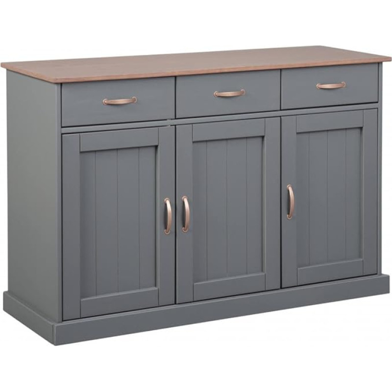 Dmora Buffet with 3 Doors and 3 Drawers in Grey Painted Solid Pine with Brown Top and Surfaces, 131 x 45 x 86 cm