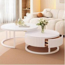 SeraphicCharm Coffee Table Round White Set of 2 50 + 70 cm Round Coffee Table Marble with Storage Space Modern Living Room Table White with Wooden Drawer Table Living Room Extendable Nesting Tables