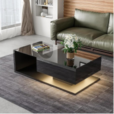Coffee Table, High Gloss, Side Tables, Coffee Tables with Glass and LED Effect, Sturdy Construction (105 x 55 x 32.5 cm) (Black)