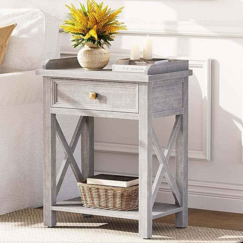 karlott Beistelltisch aus Holz, 55,9 cm, moderner, breiter, quadratischer Beistelltisch mit Schublade und Regal, Bauernhaus-Nachttisch, Nachttisch für Wohnzimmer, Schlafzimmer, Heimdekoration