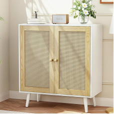 infurnic Rattan Storage Cabinet Small Sideboard Buffets Storage Cabinet with Doors for Kitchen and Entryway White