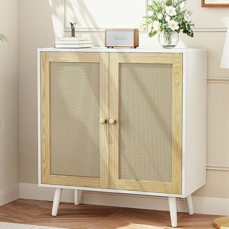 infurnic Rattan Storage Cabinet Small Sideboard Buffets Storage Cabinet with Doors for Kitchen and Entryway White