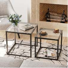Garden 4 you Coffee Table Set of 2, Modern Glass Nesting Table, Metal Frame, Square Centre Table, Side Tables, Nesting Coffee Table for Living Room, Bedroom and Small Spaces, 50 cm, Black