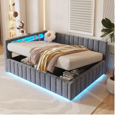 ZYLOYAL10 Upholstered Sofa Bed 140 x 200 cm, with Hydraulic Storage Space, with L-E-D Light and USB Charging Port, with Backrest, Headboard and Sturdy Bed Frame, Velvet Fabric (Grey, 140 x 200)