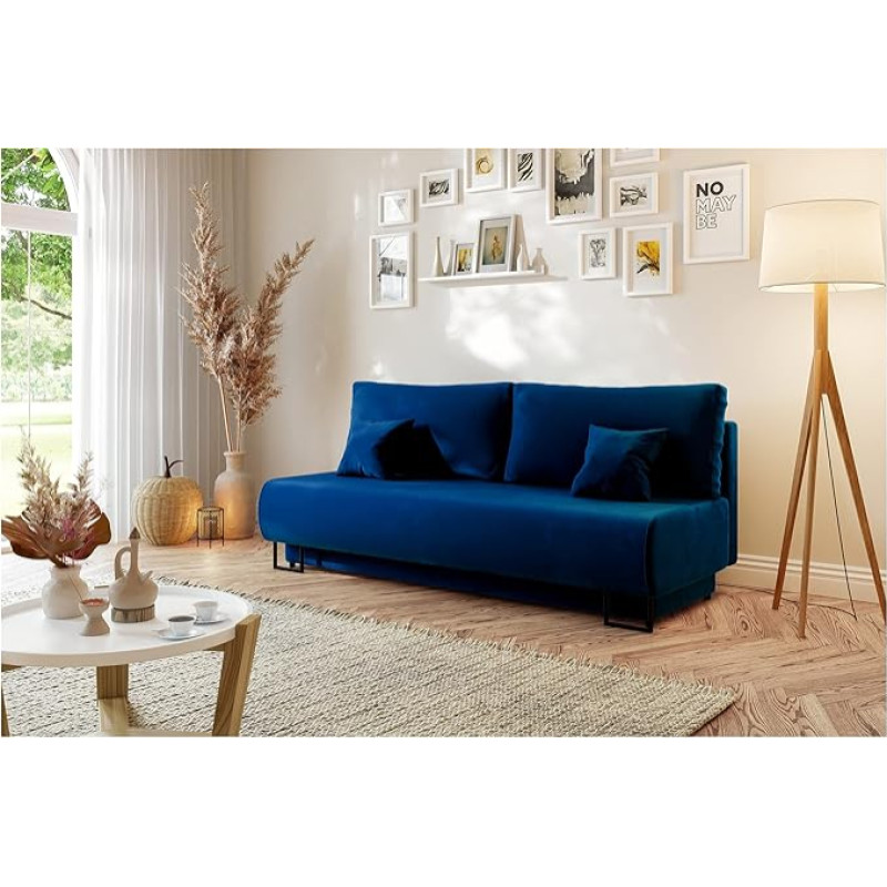 MEBLINI Ariana Sofa with Sleep Function, Extendable Sofa Bed with Bed Box, Sofa Bed with Sleep Function, Folding Sofa, Ariana, 202 x 97 x 94 cm, Blue Velvet