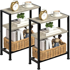 Narrow Side Table Set of 2 for Small Space, 2-Tier Small Side Table with Shelf Holder, Narrow Bedside Table, Skinny Snack Coffee Table in Living Room, Bedroom, Study, Kitchen and