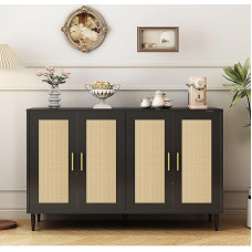 YIJAMLIFE Sideboard Buffet Cabinet with Storage Space, 4 Doors Accent Sideboard, Coffee Bar Cabinet, Rattan Sideboard for Dining Room, Kitchen, Hallway, Cabinet, Console Table