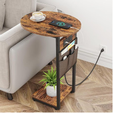 Vagusicc - C-shaped Side Table with Charging Station, Small Side Table for Sofa, TV Table Under Coffee Table with Metal Frame for Living Room Bedroom Side Table
