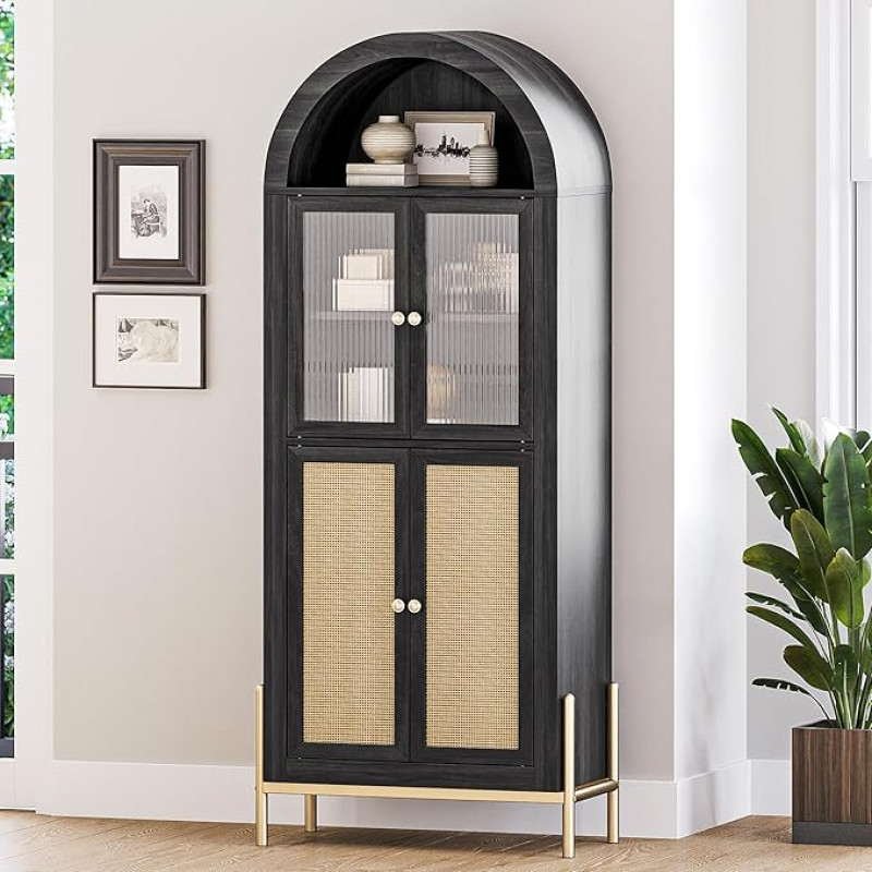 BELLEZE Modern Style Cabinet 5 Tier Display Cabinet with Rattan and Reed Glass Door, Arched Cabinet with Adjustable Shelves for Living Room Office Kitchen Pantry (Black)