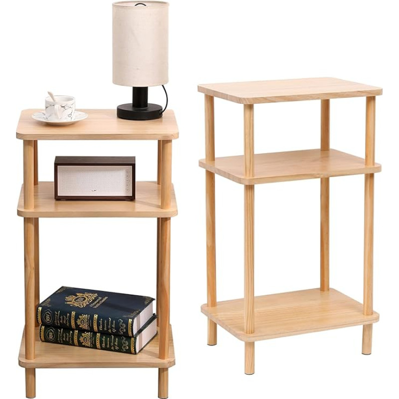 DAJAMAI Solid Wood Side Table, 3-Tier, Set of 2, Bedside Table with Display Shelf, Bookcase, Bedside Table, Storage Shelf for Bedroom, Living Room, Bathroom