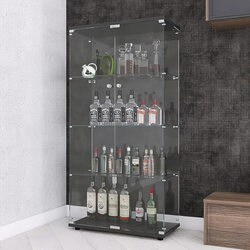 APRILSOUL S-B10400523D-DF-JRW-A Glass Display Cabinet, Glass, Black, 4 Shelves, Double Door