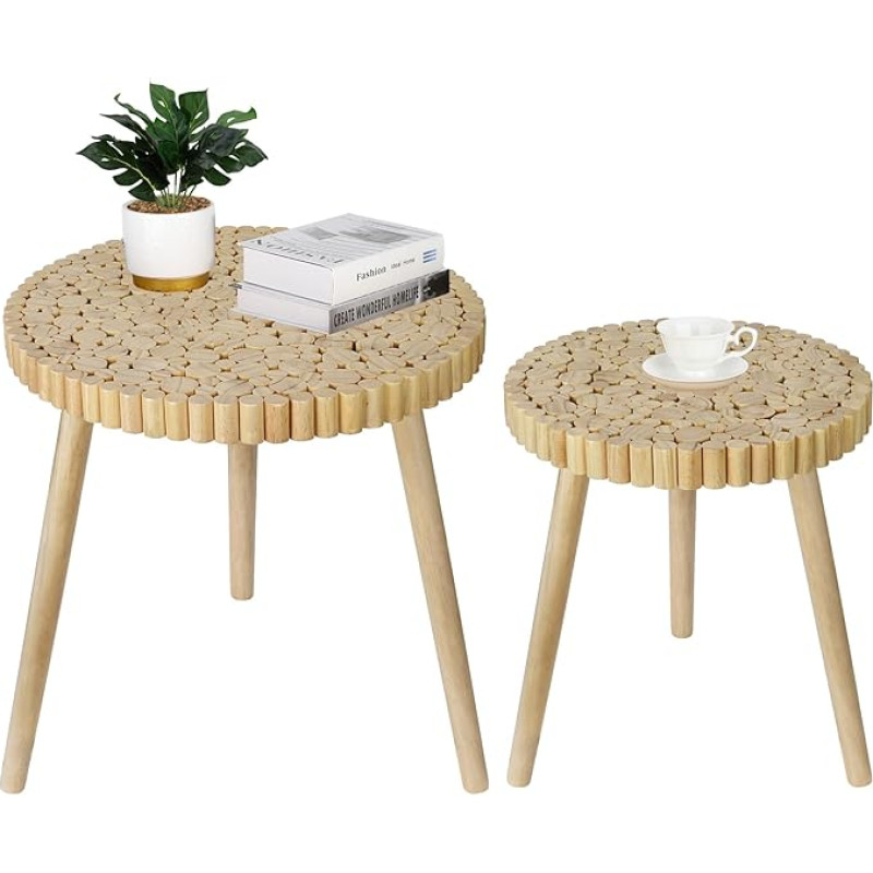 ZYBT Round Coffee Table, Set of 2, Farmhouse Coffee Table, Small Round Wood Coffee Table, Modern Bedside Table, Boho Patio Side Table for Living Room, Bedroom, Balcony, Outdoor