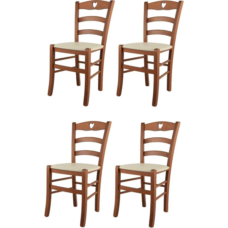 Tommychairs - Set of 4 Cuore Chairs for Kitchen and Dining Room, Robust Structure Made of Varnished Beech Wood in Cherry Wood and Padded Seat Covered with Faux Leather in Ivory
