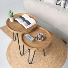 Farmhouse Coffee Table Set, Round Nesting Coffee Table with Wood and Metal Legs, Side Table Sets for Living Room Tray Table
