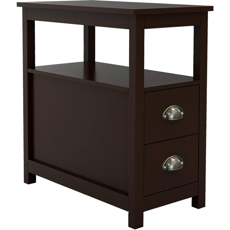 RASOO Side Table for Living Room Narrow Rustic Side Table Bedroom with 2 Drawers and 1 Open Shelf for Small Space (Brown, 60 x 30 x 61 cm)