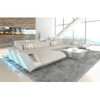 Apollonia U-Shape Living Landscape Leather Couch with LED Leather Sofa with Ottoman (Ottoman Left, Beige-White)