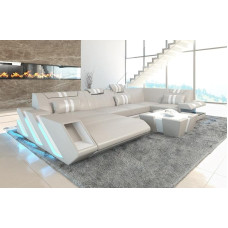 Apollonia U-Shape Living Landscape Leather Couch with LED Leather Sofa with Ottoman (Ottoman Left, Beige-White)