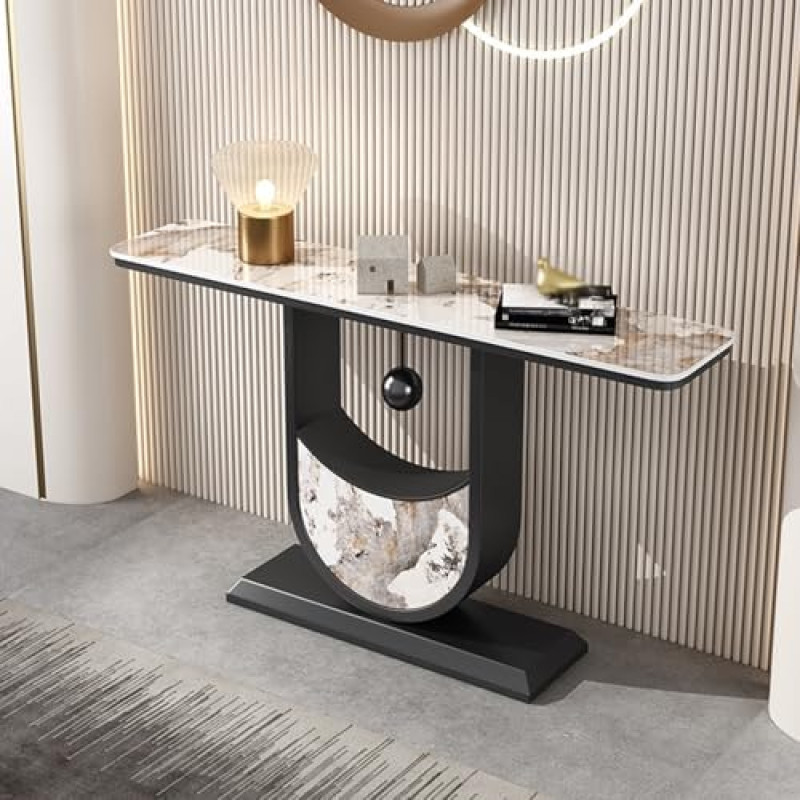 Konsolentische für den Flur hinter dem Sofa, Tischregal, Eingangsbereich, Marmor, verspiegeltes Display, moderner Eingang, runde rechteckige Basiswand, moderner schwebender TV-Ständer – wand