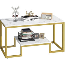 Huhote 2 Tier Coffee Table Middle Table Tea Table Living Room Table with Gold Metal Frame for Living Room Bedroom Office Modern Open Design 100x48x50cm White Marble