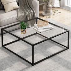 Huhote Glass Coffee Table, Square Coffee Table, Modern Center Table, Tea Tables with Sturdy Metal Frame, Sofa Side Table for Living Room, Tempered Clear Glass Table Top, 66.4 x 66.4 x 66.4 x