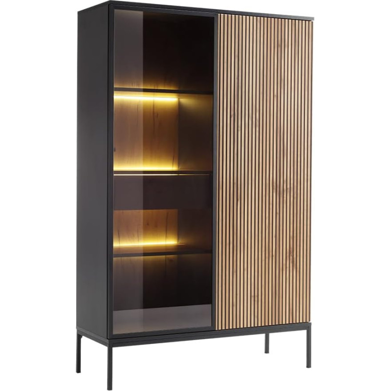 Mirjan24 Selvix WTSZ104 Display Cabinet with 2 Doors, Drawer, 8 Compartments, with LED Lighting, W 104 x H 146 x D 39 cm, Standing Display Cabinet, Glass Display Cabinet, Tall Display Cabinet (Black