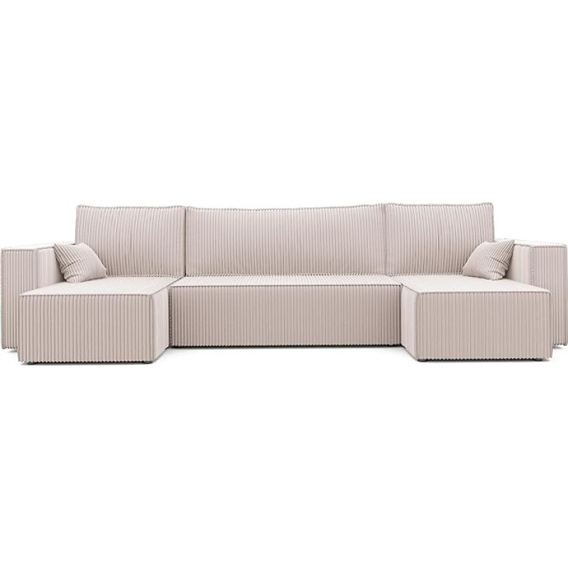 IDOHOME 312 x 145 cm Cord Living Landscape U-Shape with Sleep Function (268 x 125) and Bed Box - Sofa U-Shape with Sleep Function - Cord Couch Beige
