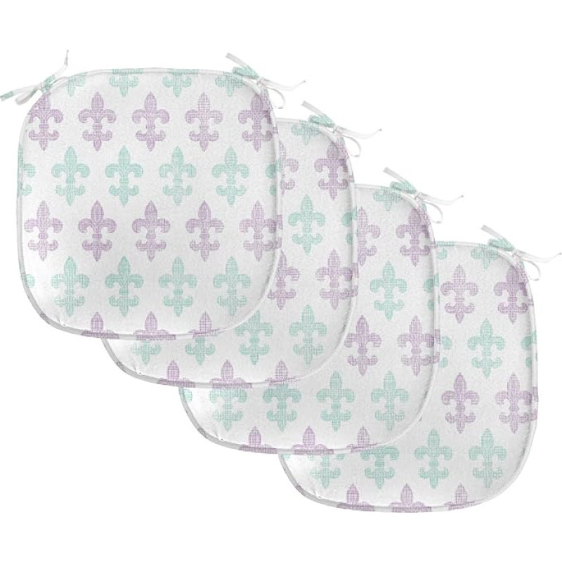 ABAKUHAUS Fleur De Lis Dining Chair Cushion, Grunge Pastel View Decorative Waterproof Cushion with Straps for Kitchen Seats, 40 cm x 40 cm, Pack of 4, Mint Green Purple White