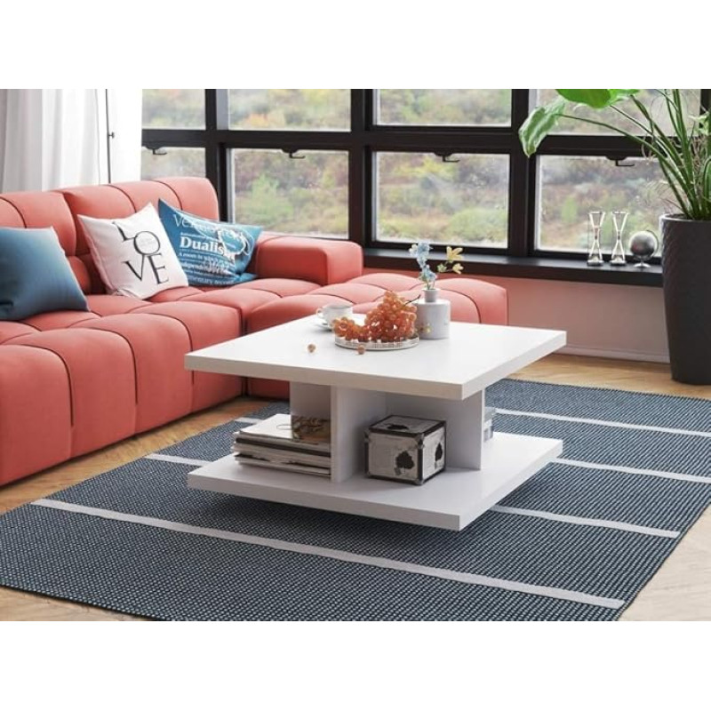 Sellon24® Coffee Table Sofa Table White 60 x 60 cm with Storage Space Side Table with 4 Open Shelves Living Room Table Modern Stable Graphi (Height 45 cm)