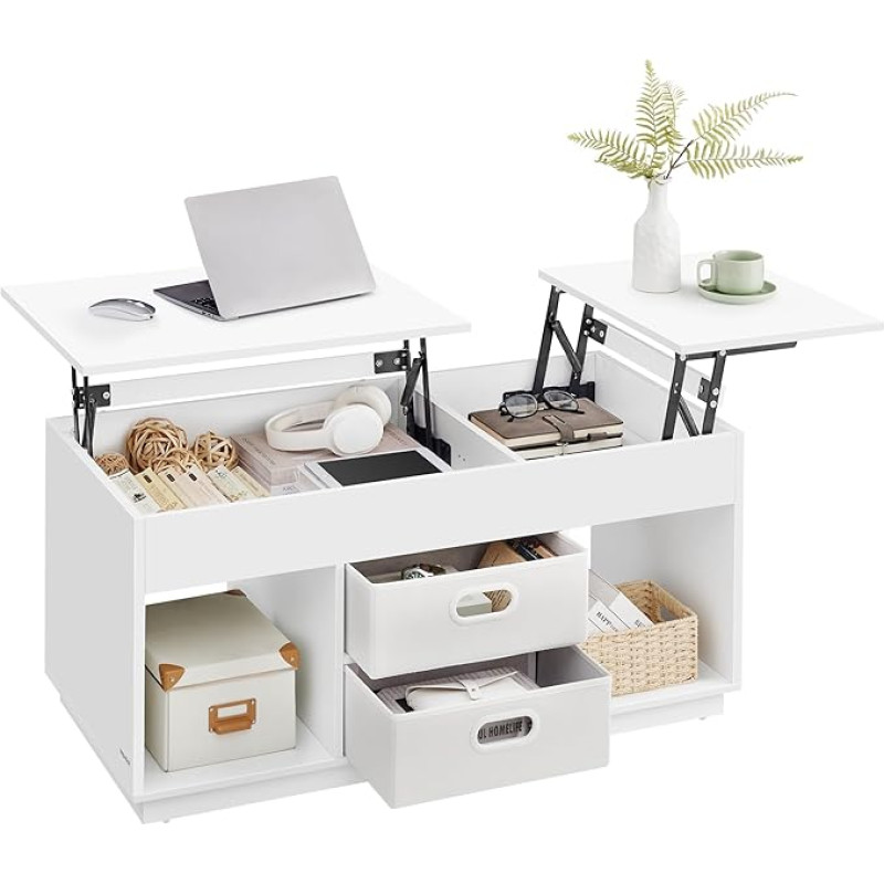 VASAGLE Coffee Table Height Adjustable Living Room Table 2 Drawers and Hidden Compartments Coffee Table Open Compartments for Living Room Home Office Snow White LCT210W01