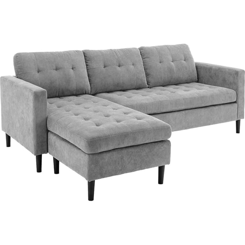 Riess Ambiente Stockholm Modern Corner Sofa 220 cm Grey Corduroy Fabric Spring Core 3-Seater Sofa