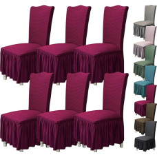 ouxei Breathable, Stretchy Chair Covers for Dining Room Chairs, Set of 1/2/4 - Thickened, Soft Parsons Slipcovers with Skirt for Kitchen/Hotel/Restaurant (Wine 6 Pieces)