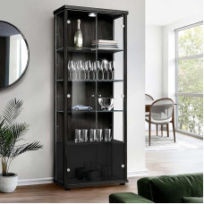 K-Möbel Display Cabinet 2 Doors (176 x 67 x 33 cm) - Made in Germany - Standing Display Cabinet Black with 4 Height-Adjustable Glass Shelves and LED - Standing Glass Display Cabinet