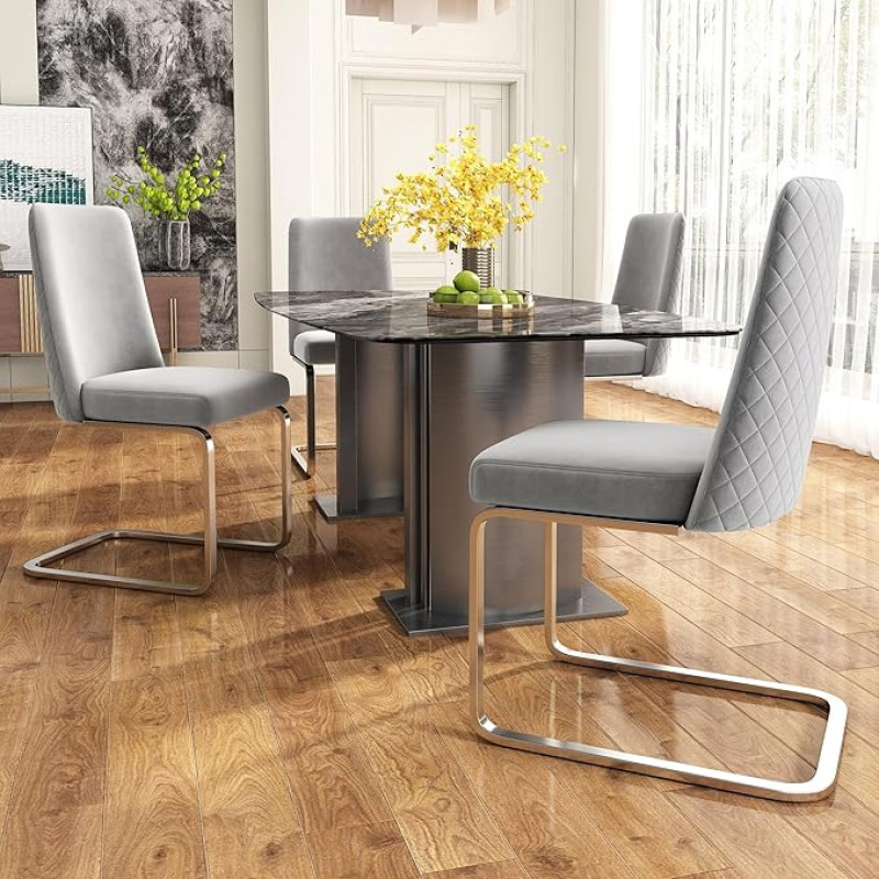 Merax Swing Chairs, Set of 4, Velvet Dining Room Chairs with Metal Support Legs, Comfortable Cantilever Chairs for Living Room, Bedroom, Velvet, Grey & Silver