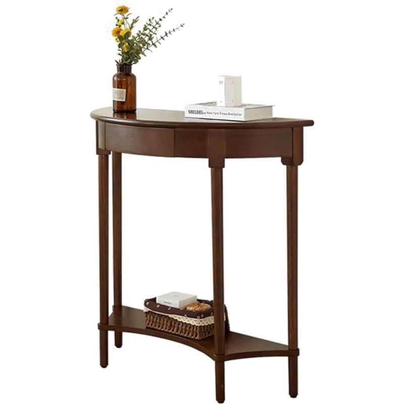 Yclty Half Moon Console Table with Storage Space, 2-Tier Wooden Entrance Table with Drawer and Open Storage Compartment, Hallway Table, Sofa Table for the Living Room (Walnut)