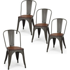 LIFEZEAL Bistro Chairs, Set of 4, Industrial Dining Room Chairs with 2 cm Thick Wooden Cushion, Metal Chair with Backrest, Stackable Kitchen Chairs for Indoor and Outdoor Use, Maximum Load 150 kg
