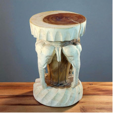 Kinaree Elephant Carving Side Table Made of Suar Wood - Asian Solid Wood Table Kien TUK Handmade Thailand - Round Shelf Decorative Elephant Wood Flower Table (Natural)