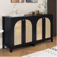 KOMHTOM Black Rattan Sideboard Storage Furniture for Living Room Kitchen Furniture with 4 Doors and Adjustable Dividers Bedroom Furniture (Nior)