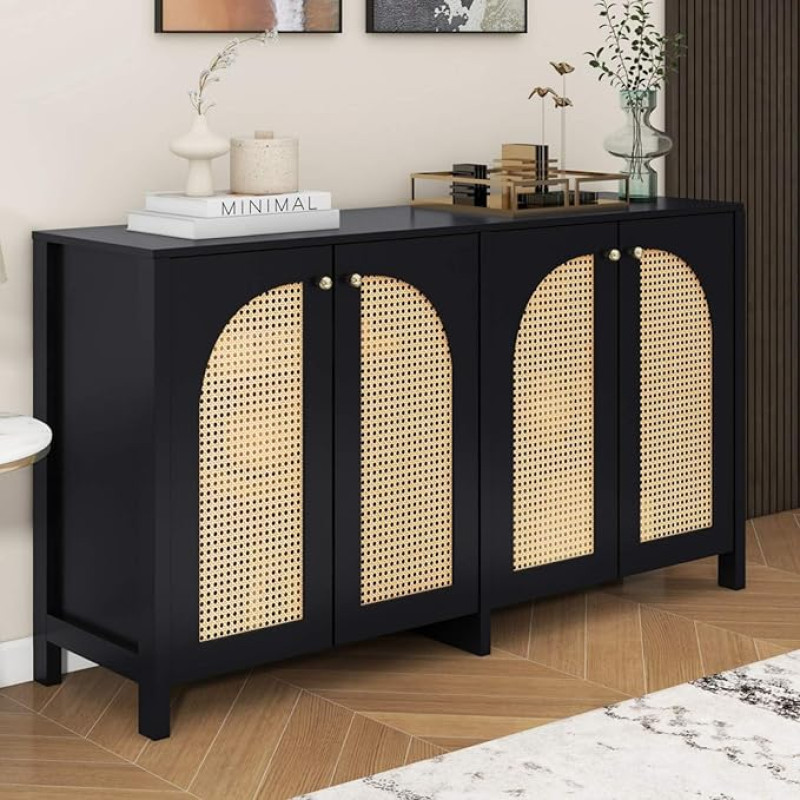 KOMHTOM Black Rattan Sideboard Storage Furniture for Living Room Kitchen Furniture with 4 Doors and Adjustable Dividers Bedroom Furniture (Nior)