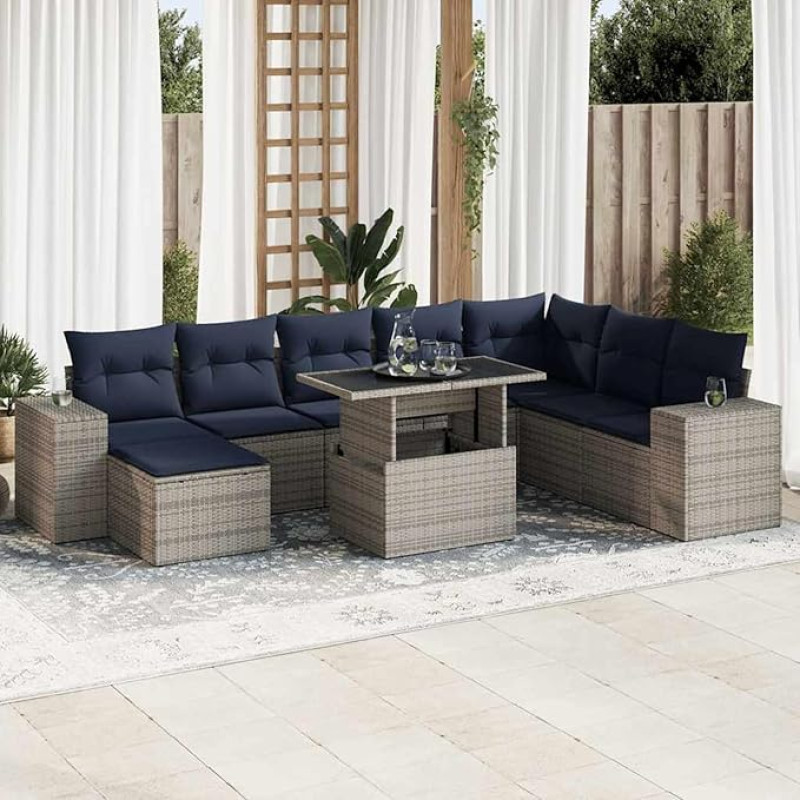 Rantry 9-TLG. Garten-Sofagarnitur mit Kissen Grau Poly Rattan Akazie Gartenlounge Model3326852