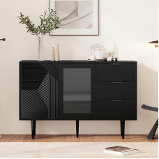 BTM Sideboard Chest of Drawers with 3 Drawers and 2 Doors with Metal Feet and Glass Doors 120 x 38 x 79.5 cm Black