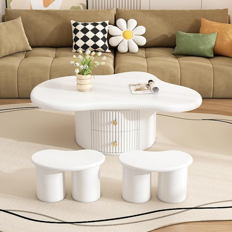 BTM Irregular Cloud Coffee Table with 2 Stools, 97 cm Length, 67 cm Width, 32 cm Height, MDF Table Top, Includes 2 Drawers and Felt Pads, Coffee Table with 2 Small Benches