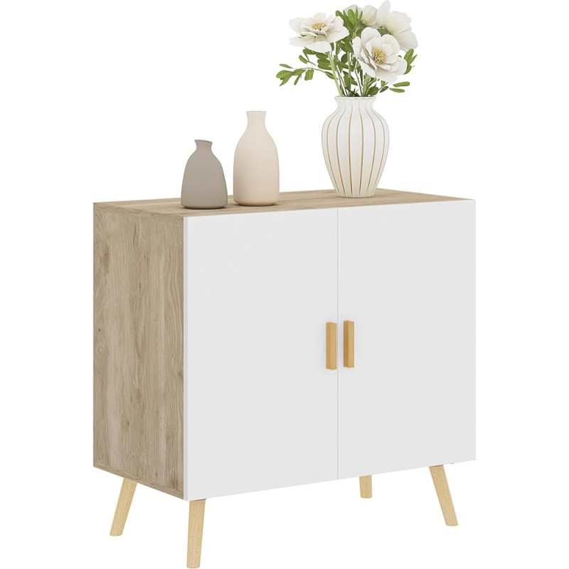 HOMCOM Sideboard Storage Furniture with Bamboo Handles Adjustable Shelf Raised Base for Living Room Kitchen Dining Room 76 x 41.2 x 74 cm White and Natural Wood